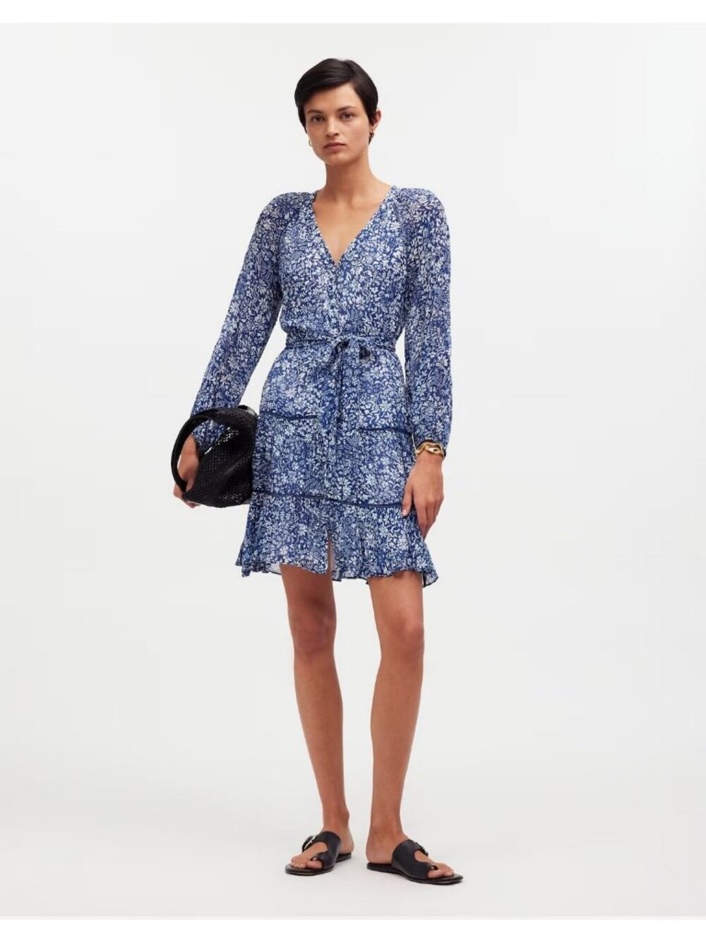Madewell Tie-Waist Tiered Mini Dress in Blue Ditzy Floral Women's Size 4 NWT!